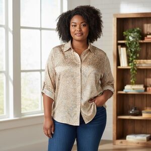 Chico’s Button-Front Blouse Size 2 Neutral Floral Long Sleeve